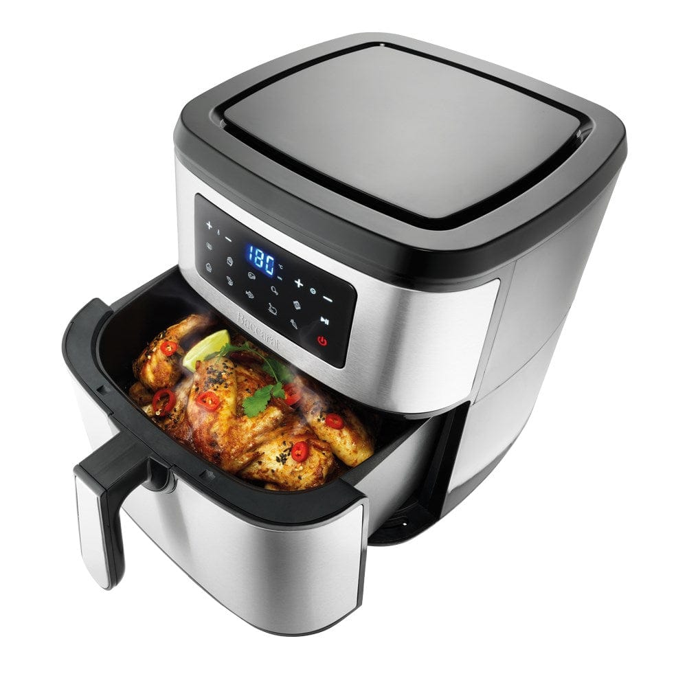 Cooked chicken in drawer of air fryer with digital display - Baccarat the healthy fry 9l air fryer