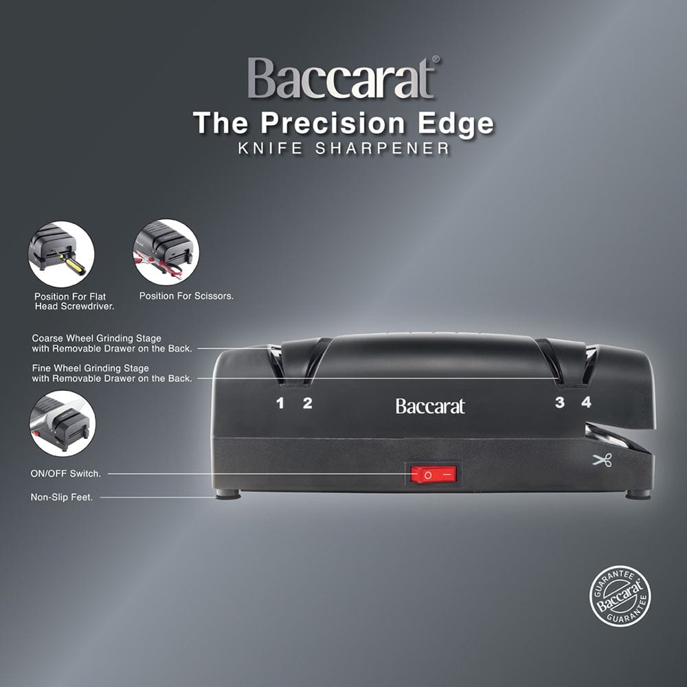 Electric knife sharpener on kitchen counter next to sliced mangoes black knife sharpener - Baccarat