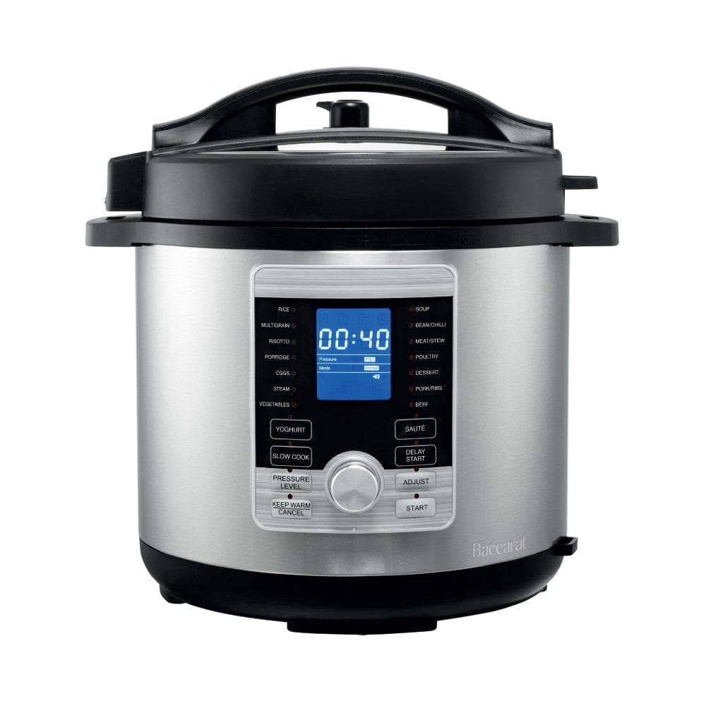 Aerial view of open black lid and stainless steel body - stew in a digital multicooker - Baccarat