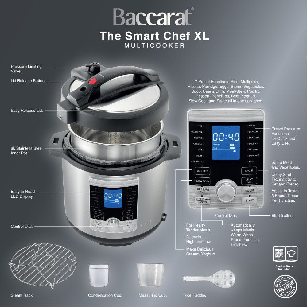 Aerial view of open black lid and stainless steel body - stew in a digital multicooker - Baccarat