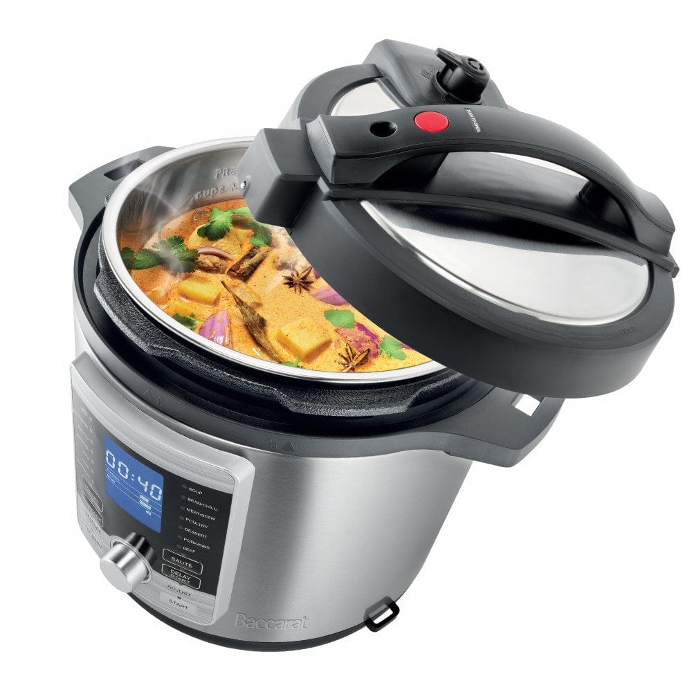 Aerial view of open black lid and stainless steel body - stew in a digital multicooker - Baccarat
