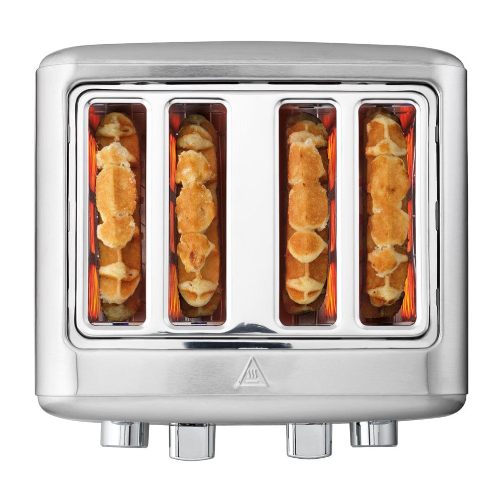 four slot toaster with toasted slices in silver finish and black buttons - Baccarat the Toasty Slice