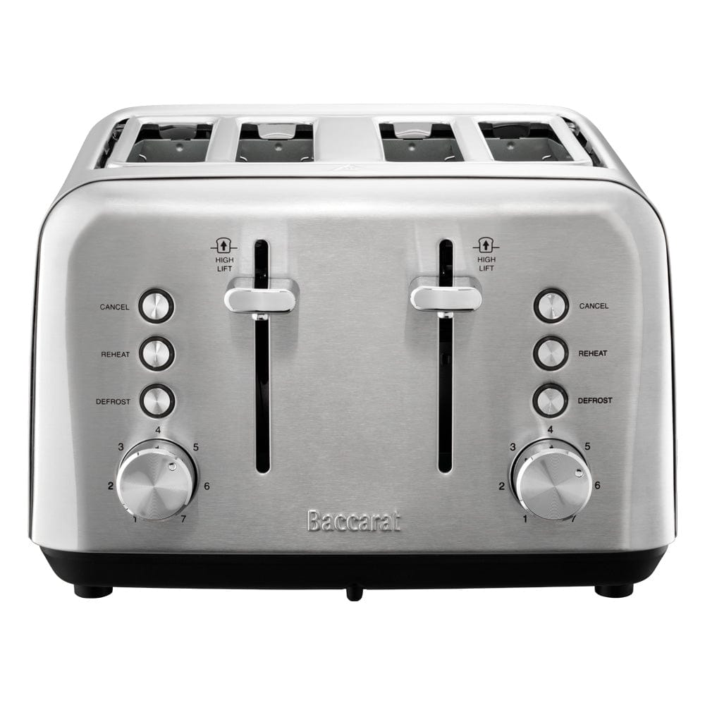 four slot toaster with toasted slices in silver finish and black buttons - Baccarat the Toasty Slice