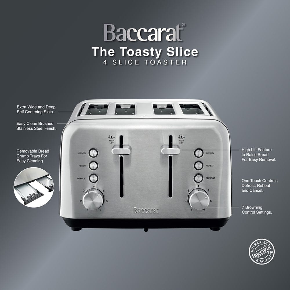 four slot toaster with toasted slices in silver finish and black buttons - Baccarat the Toasty Slice