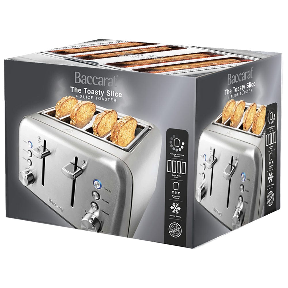 four slot toaster with toasted slices in silver finish and black buttons - Baccarat the Toasty Slice