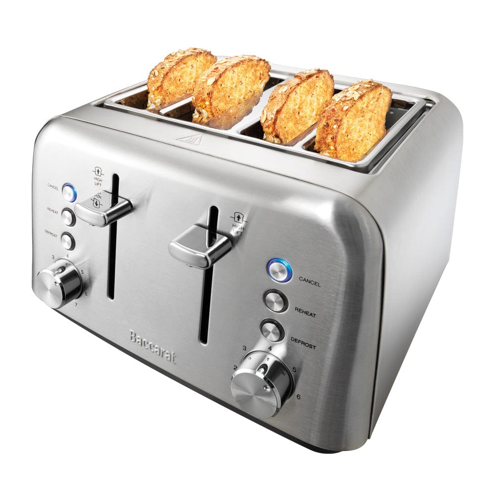 four slot toaster with toasted slices in silver finish and black buttons - Baccarat the Toasty Slice