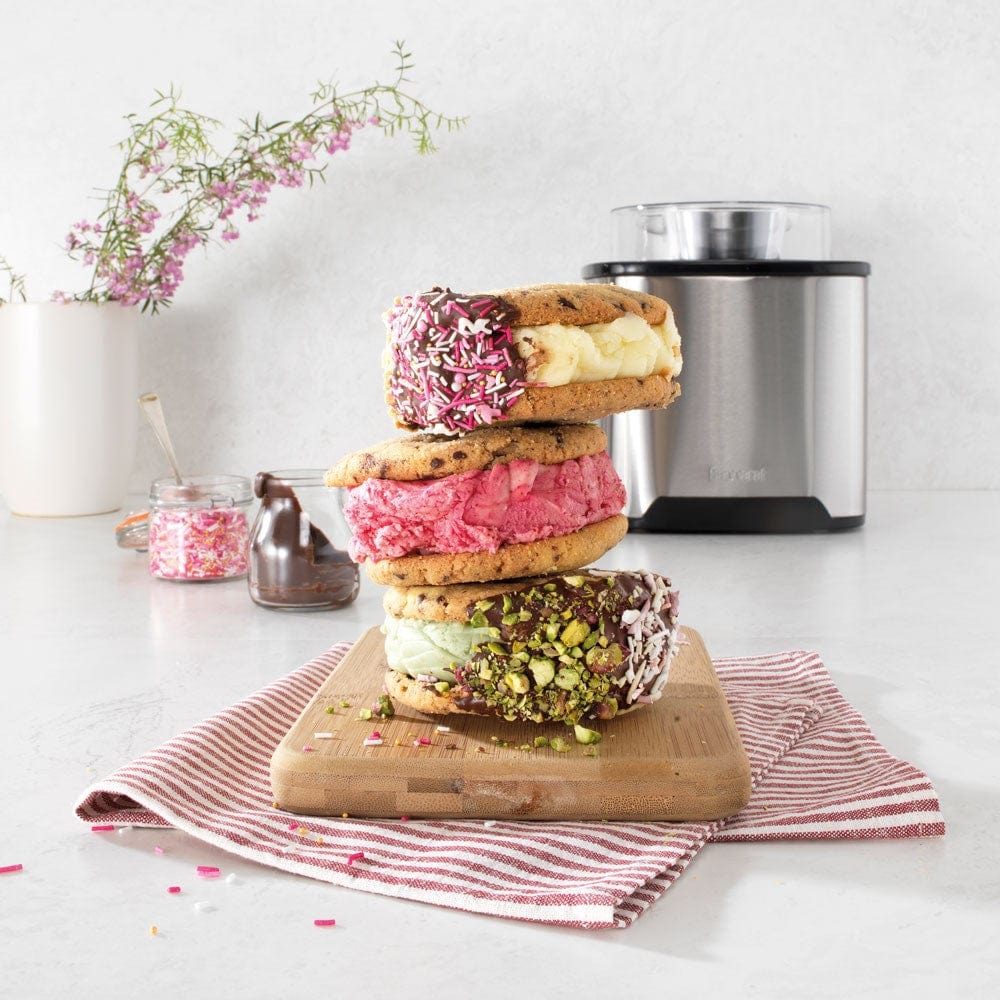 A stack of colourful ice cream sandwiches with sprinkles in vibrant pink yellow and brown - Baccarat