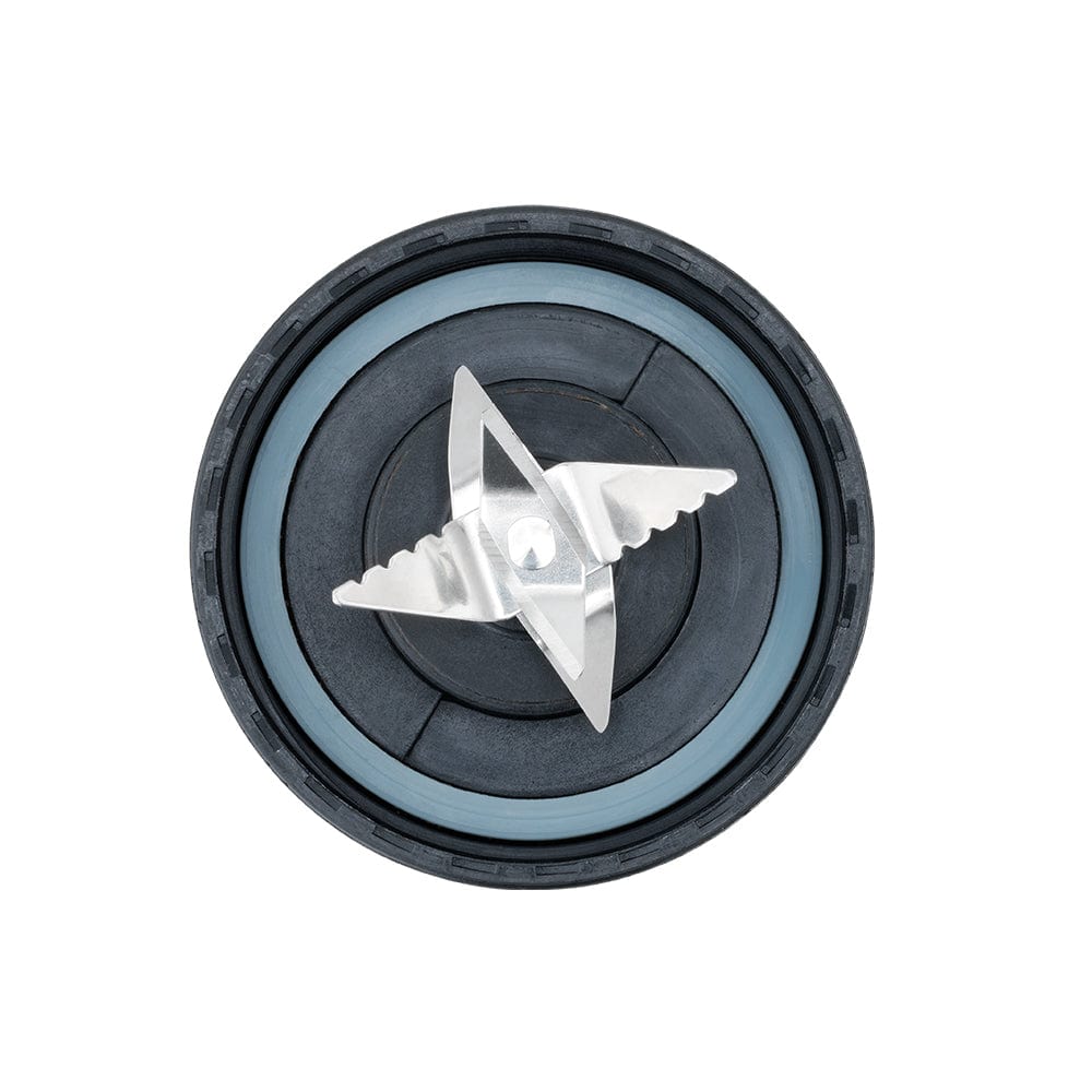 Top view of a multi-functional chopping blade assembly with silver blade and blue accents - Baccarat