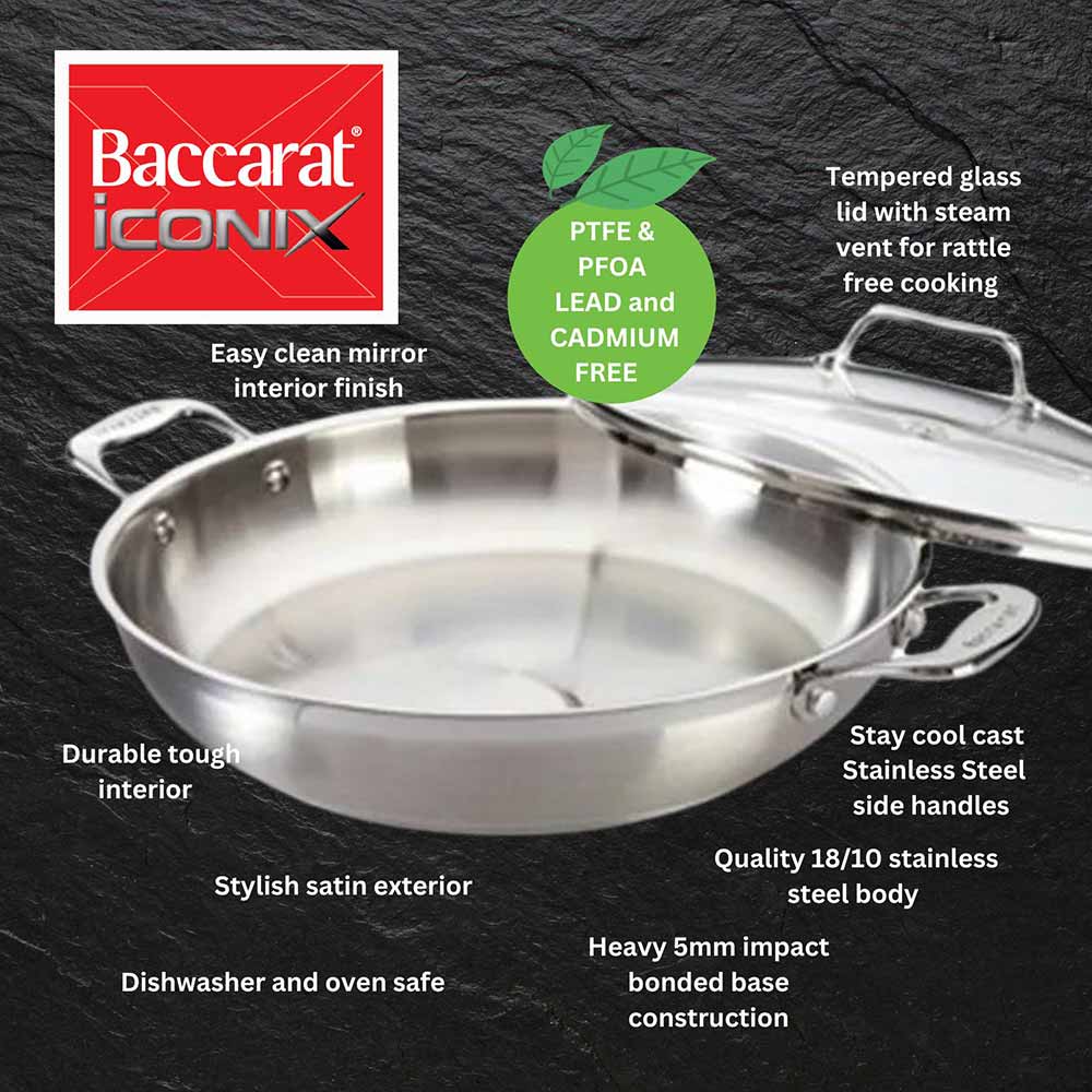 Overhead view of a stainless steel chef pan with lid and kitchen tools - Baccarat Iconix