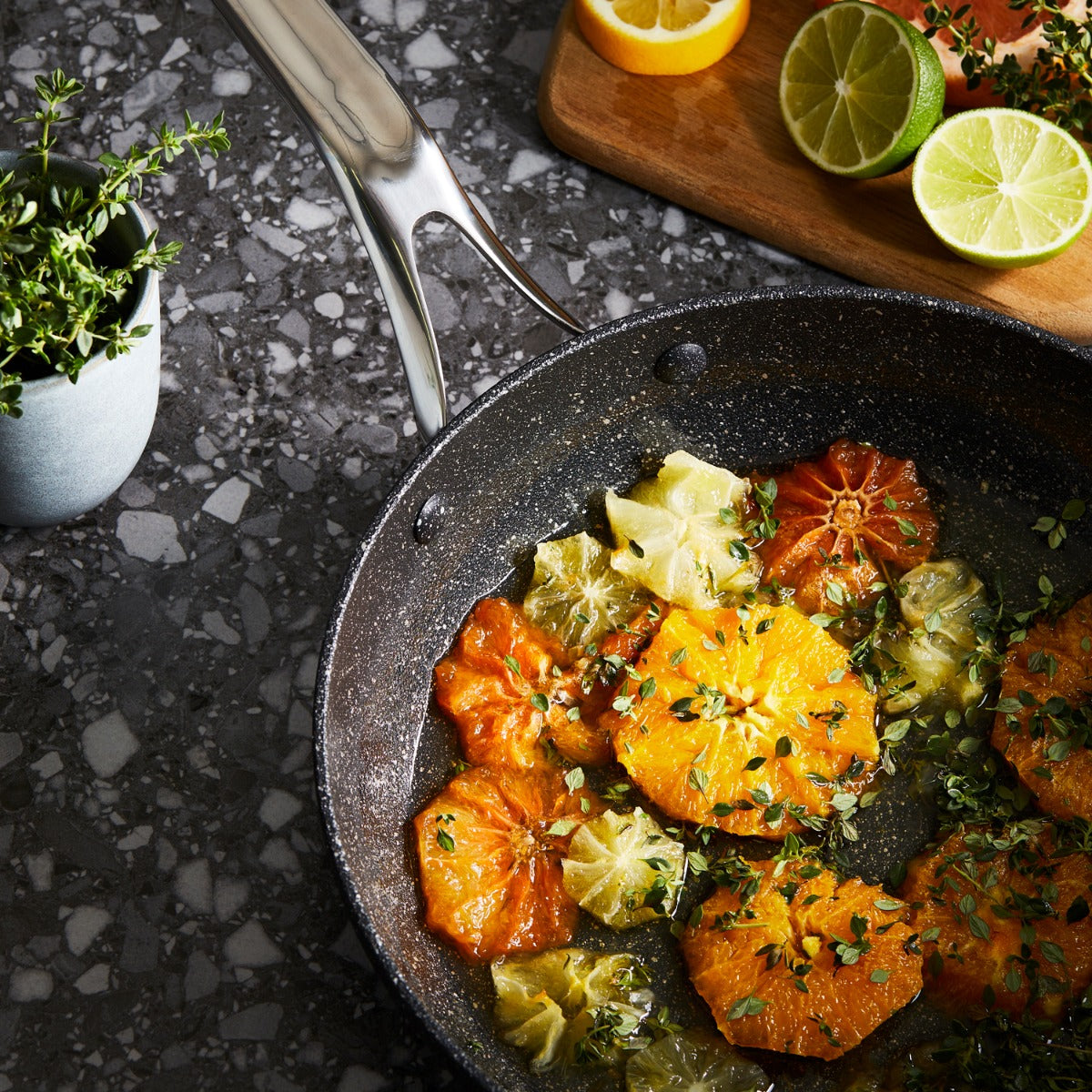 Vibrant vegetables cooking in a sleek frying pan on a stylish countertop - Baccarat Rock Frypan 16cm