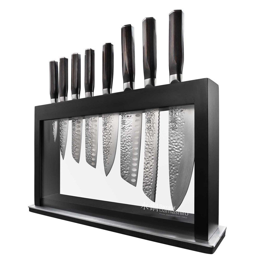nine piece knife block with sleek black handles and shiny blades - Baccarat damashiro emperor hisa