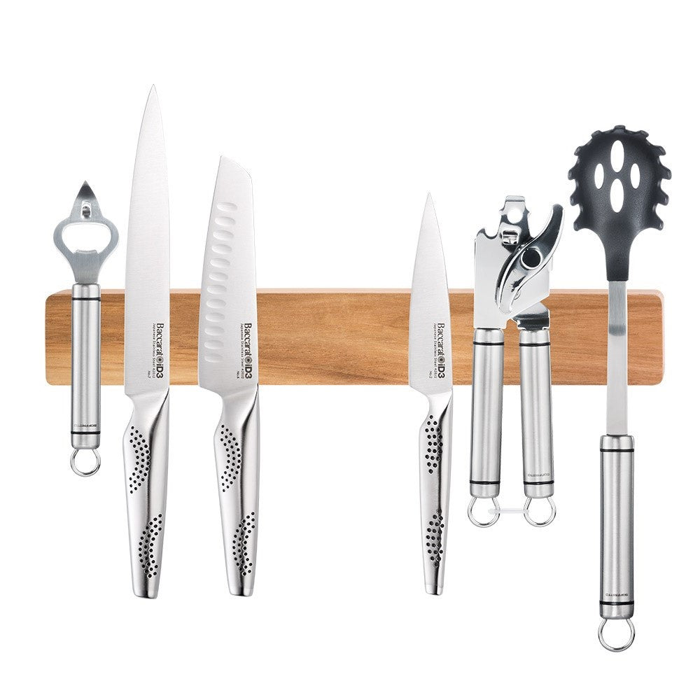 Magnetic acacia wood wall mounted knife holder displaying knives with black handles - Baccarat