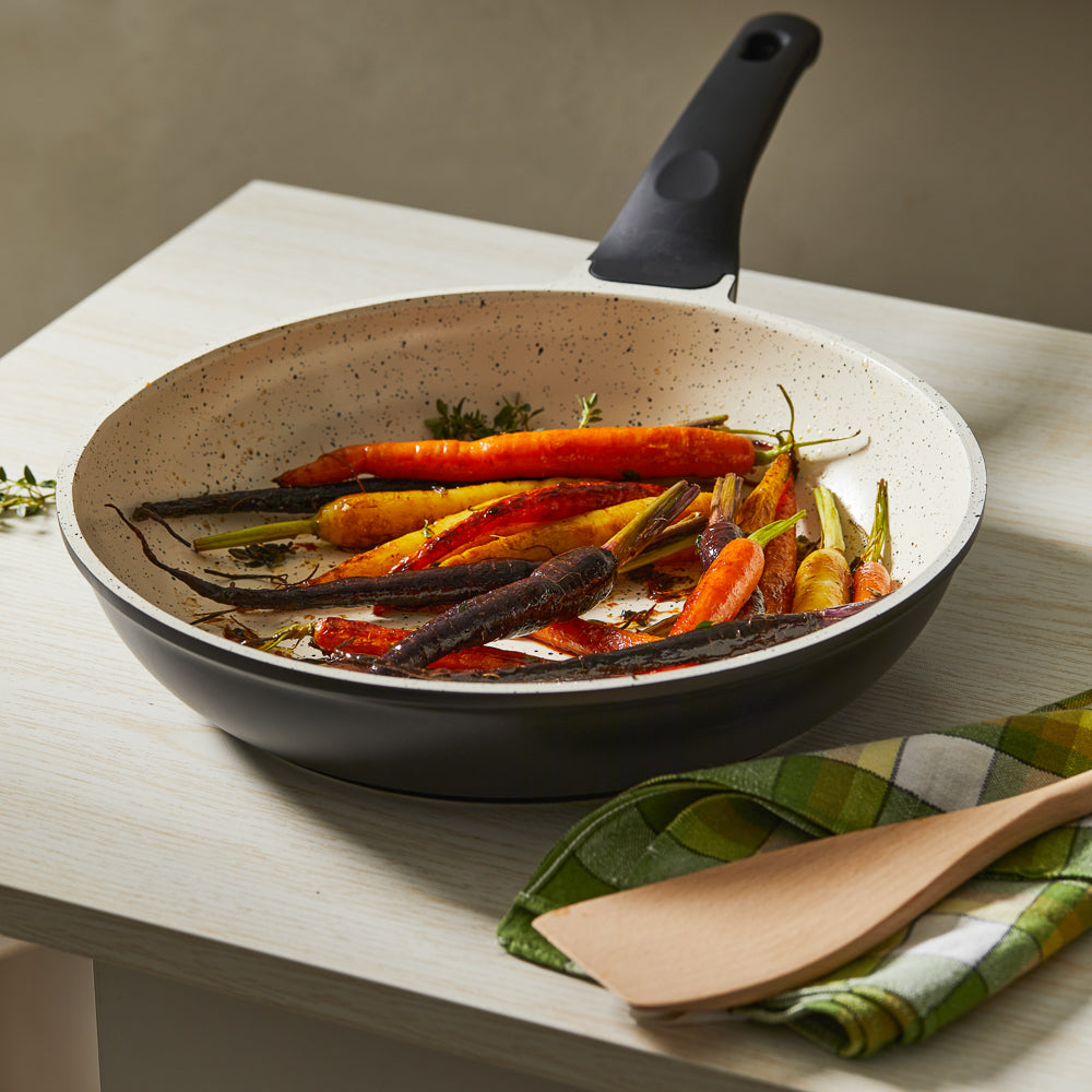 roasted vegetables on a beige interior kitchen counter - Baccarat ceramix non stick frypan 28cm