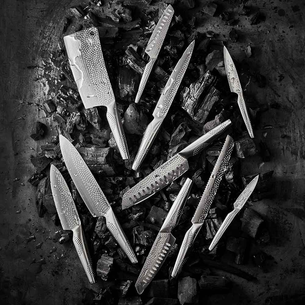 Textured blade knife on wood next to rhubarb chunks and brown sugar ceramic non stick - Stonex2
