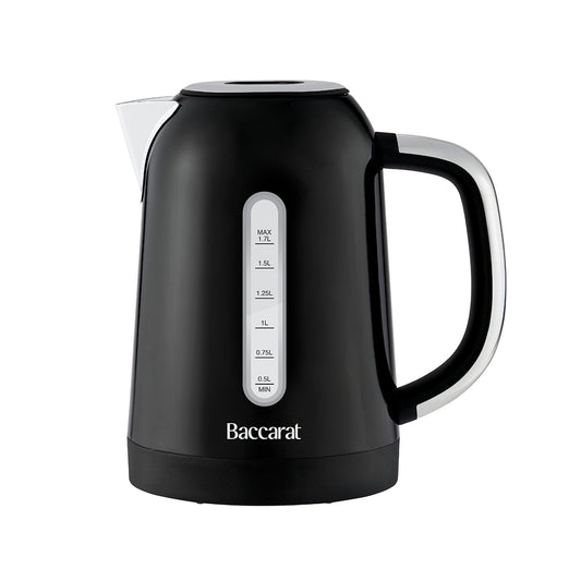 A black Baccarat electric kettle with a silver handle trim and a vertical water level indicator window, shown on a solid white background.