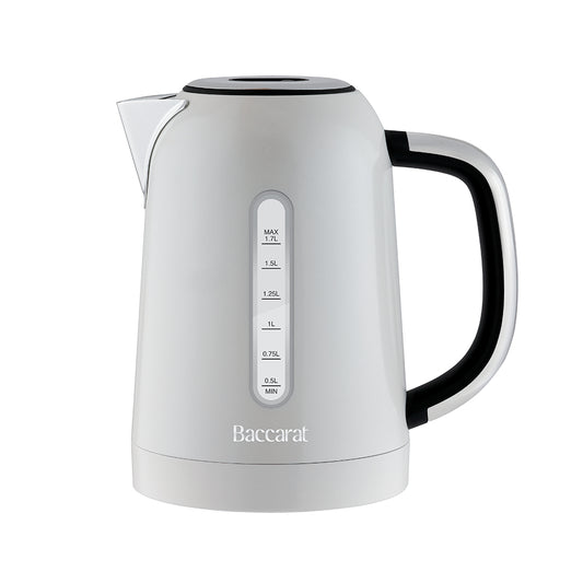 A Baccarat electric kettle in white with a black handle and a chrome-accented spout, shown on a solid white background.