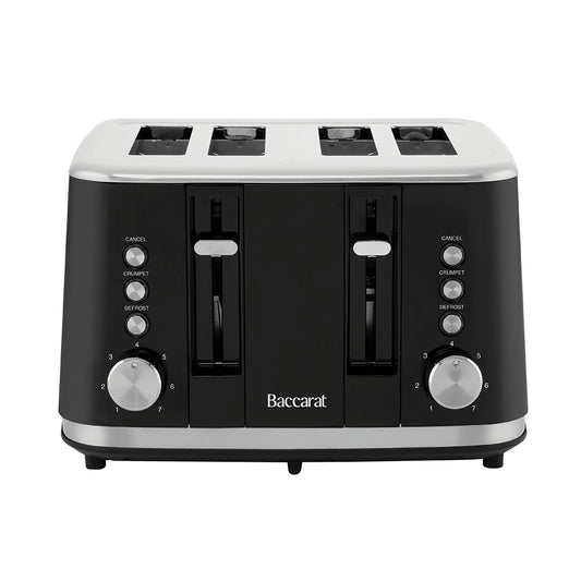 A Baccarat four-slice toaster in black and silver, shown from a front-facing perspective on a solid white background.