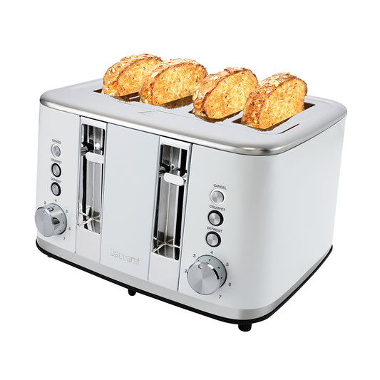 A silver and white four-slot toaster with two slices of toasted bread in the slots, shown on a clean white background.