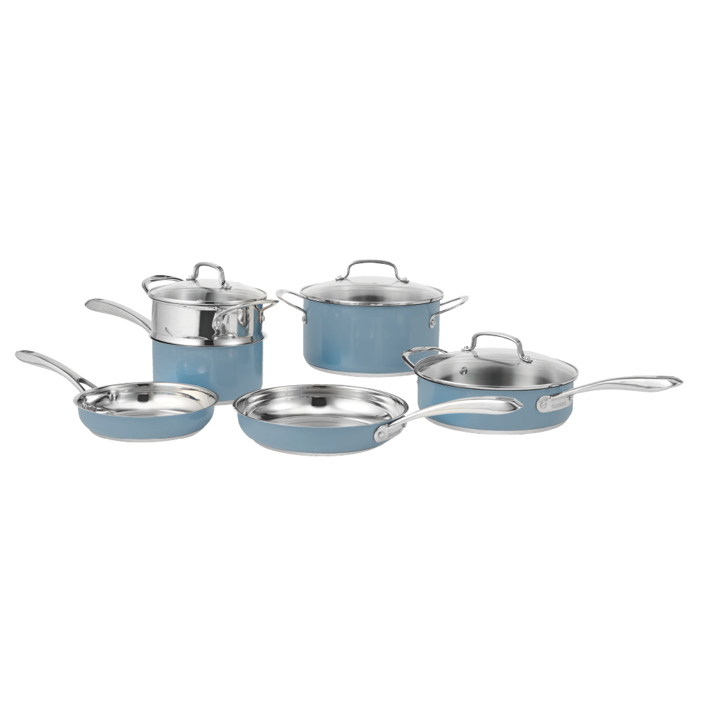 Set of blue cookware with stainless steel handles on a white background
