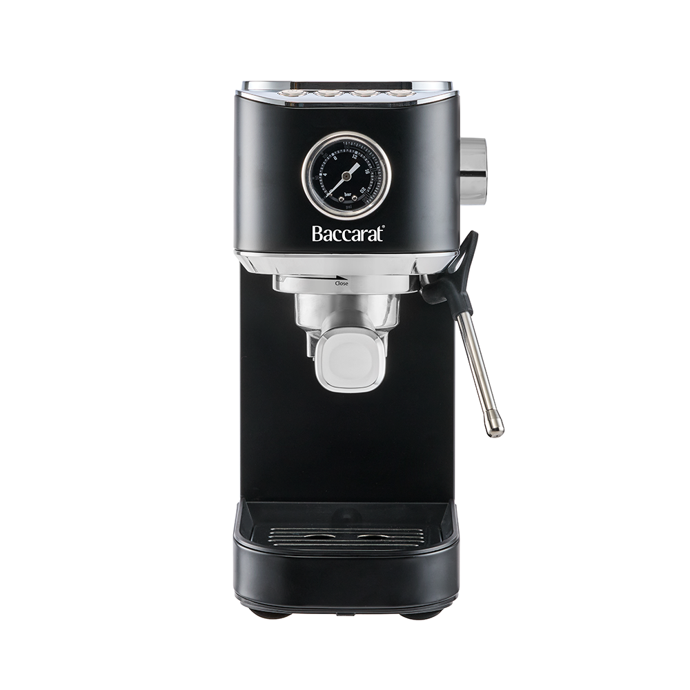 Black Baccarat espresso machine on a white background