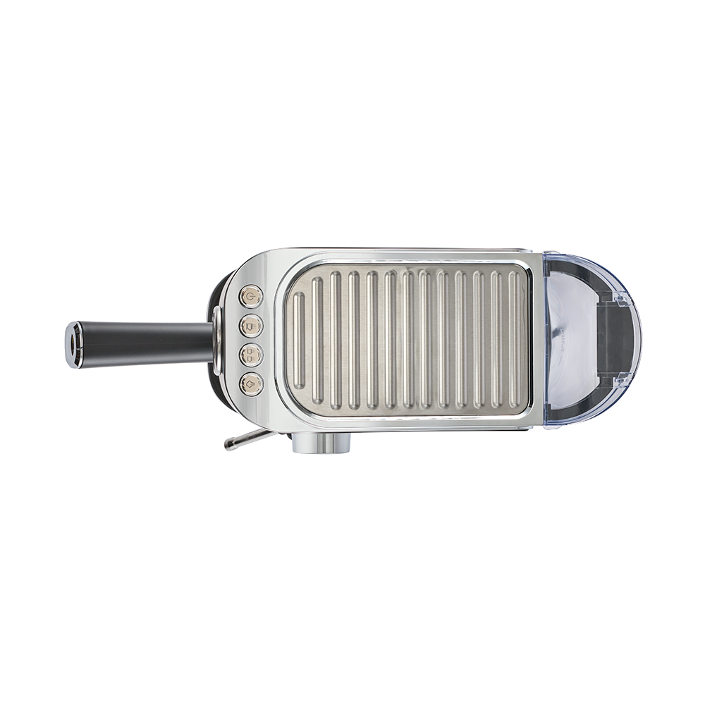 Portable grill with a metallic finish on a white background