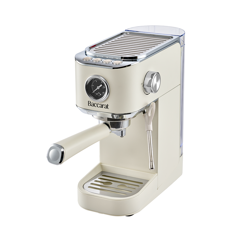 A cream-colored retro espresso machine is displayed from a three-quarters perspective against a plain white background.