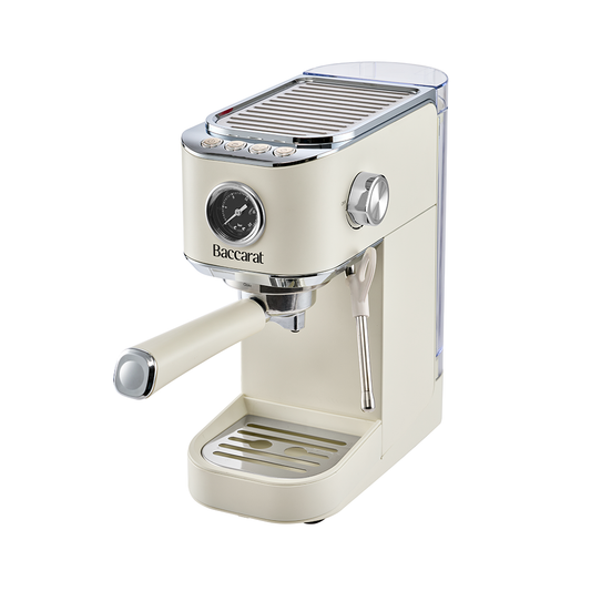 A cream-colored retro espresso machine is displayed from a three-quarters perspective against a plain white background.