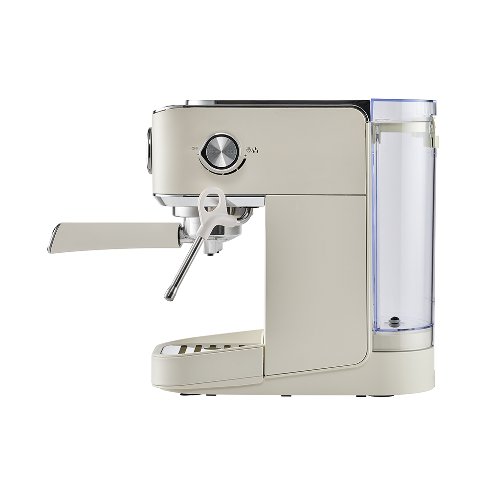 A cream-colored retro espresso machine is displayed from a side profile view against a plain white background.