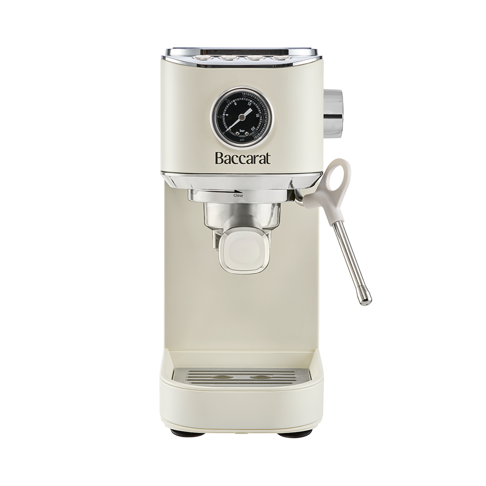 A cream-colored retro espresso machine is displayed from a direct front-facing view against a plain white background.