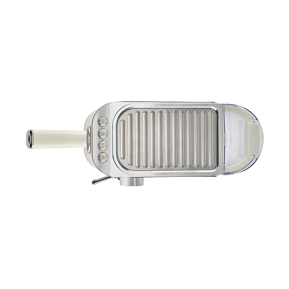 A cream-colored retro espresso machine is displayed from a direct front-facing view against a plain white background.