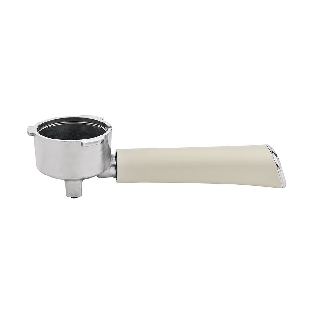 A portafilter handle with a metal filter basket is displayed horizontally against a plain white background.