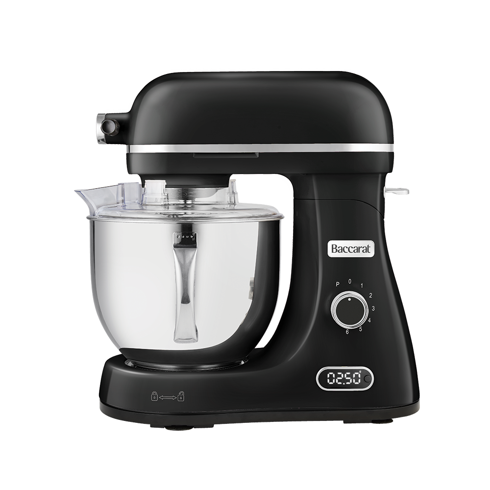 Black stand mixer with clear mixing bowl on a white background