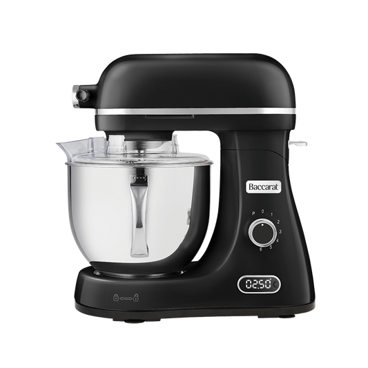 Black stand mixer with clear mixing bowl on a white background