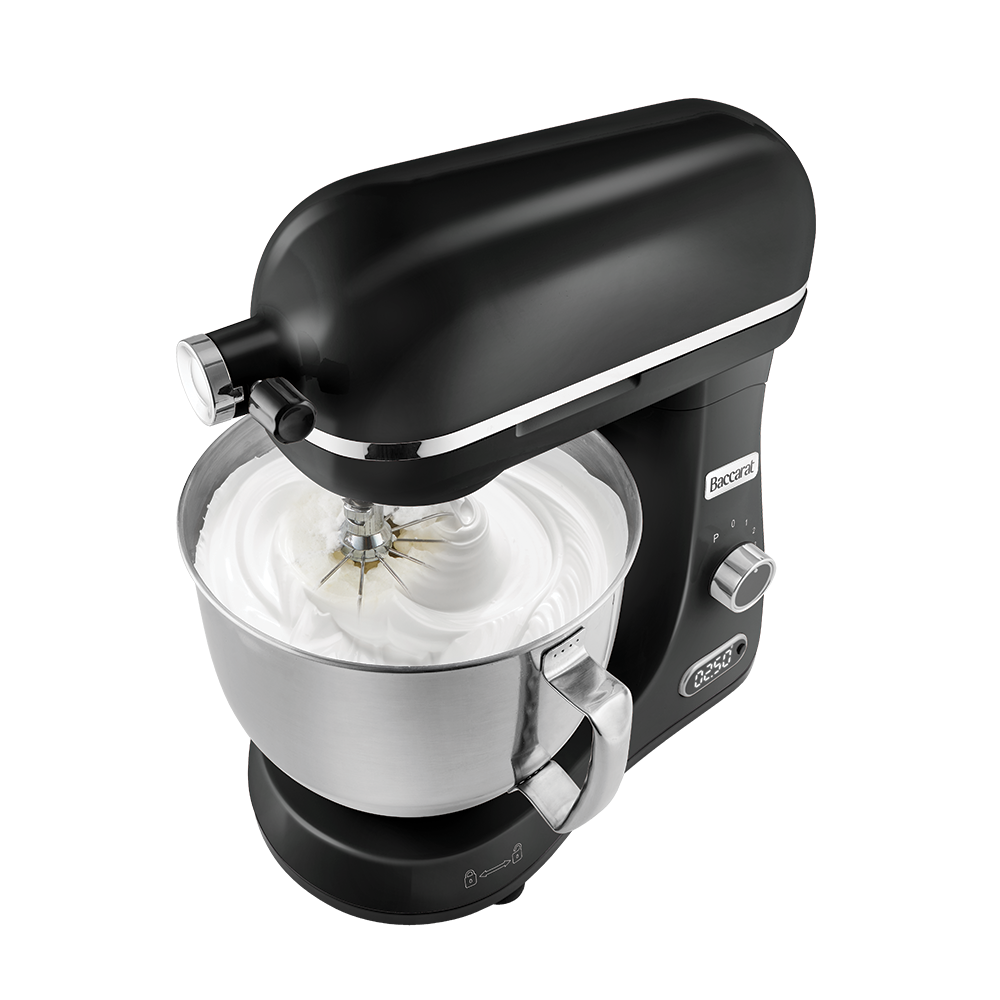 Black stand mixer with a bowl of whipped cream on a white background
