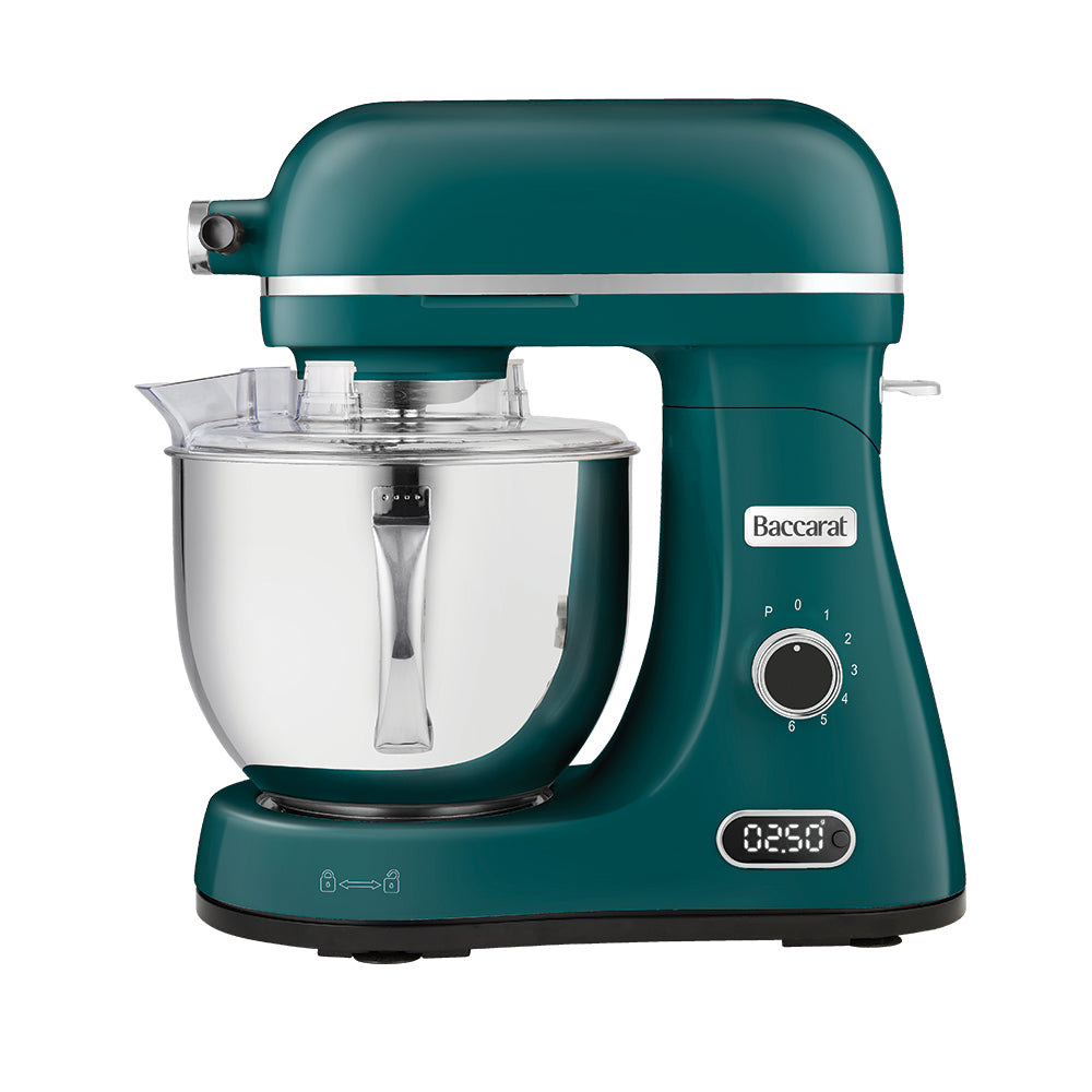 Teal stand mixer with clear mixing bowl on a white background