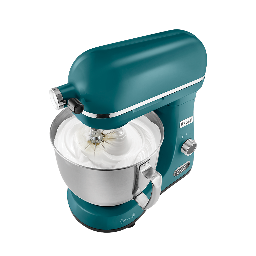 Teal stand mixer with a silver bowl on a white background