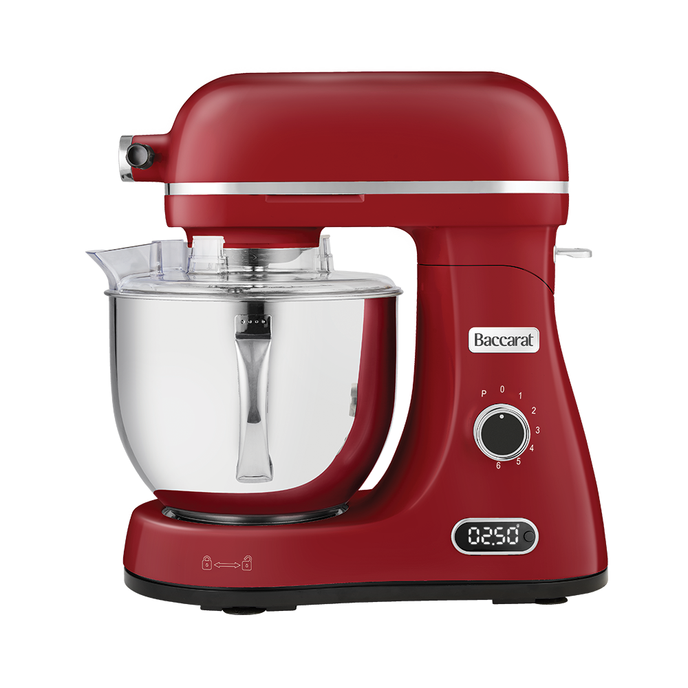 Red stand mixer with clear mixing bowl on a white background