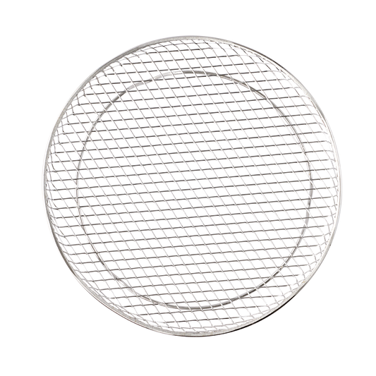 A top-down view of a round stainless steel wire mesh rack with a thin metal rim