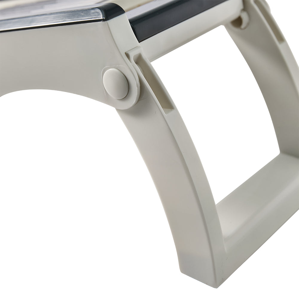 A close-up view highlights the sturdy, foldable curved support leg of the mandoline slicer.
