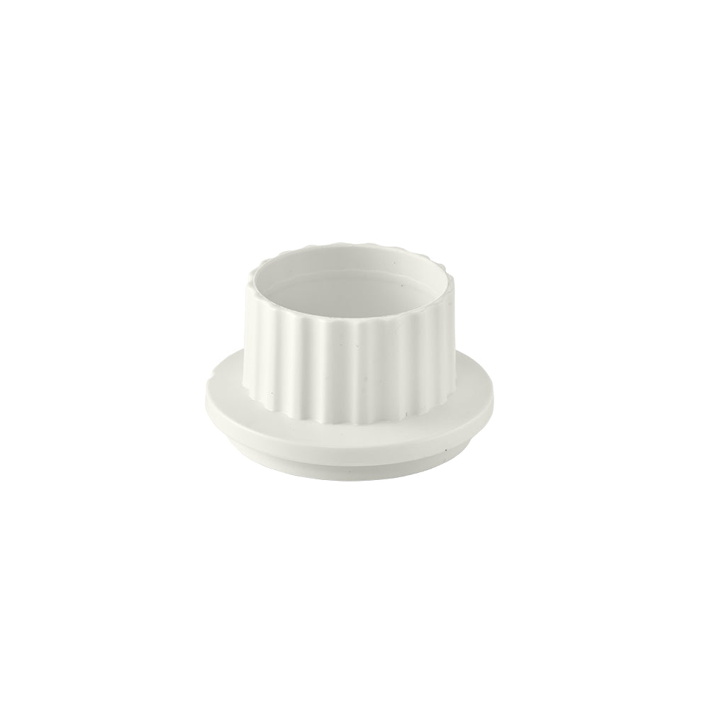 A white cylindrical food holder and pusher attachment is centered on a white background.