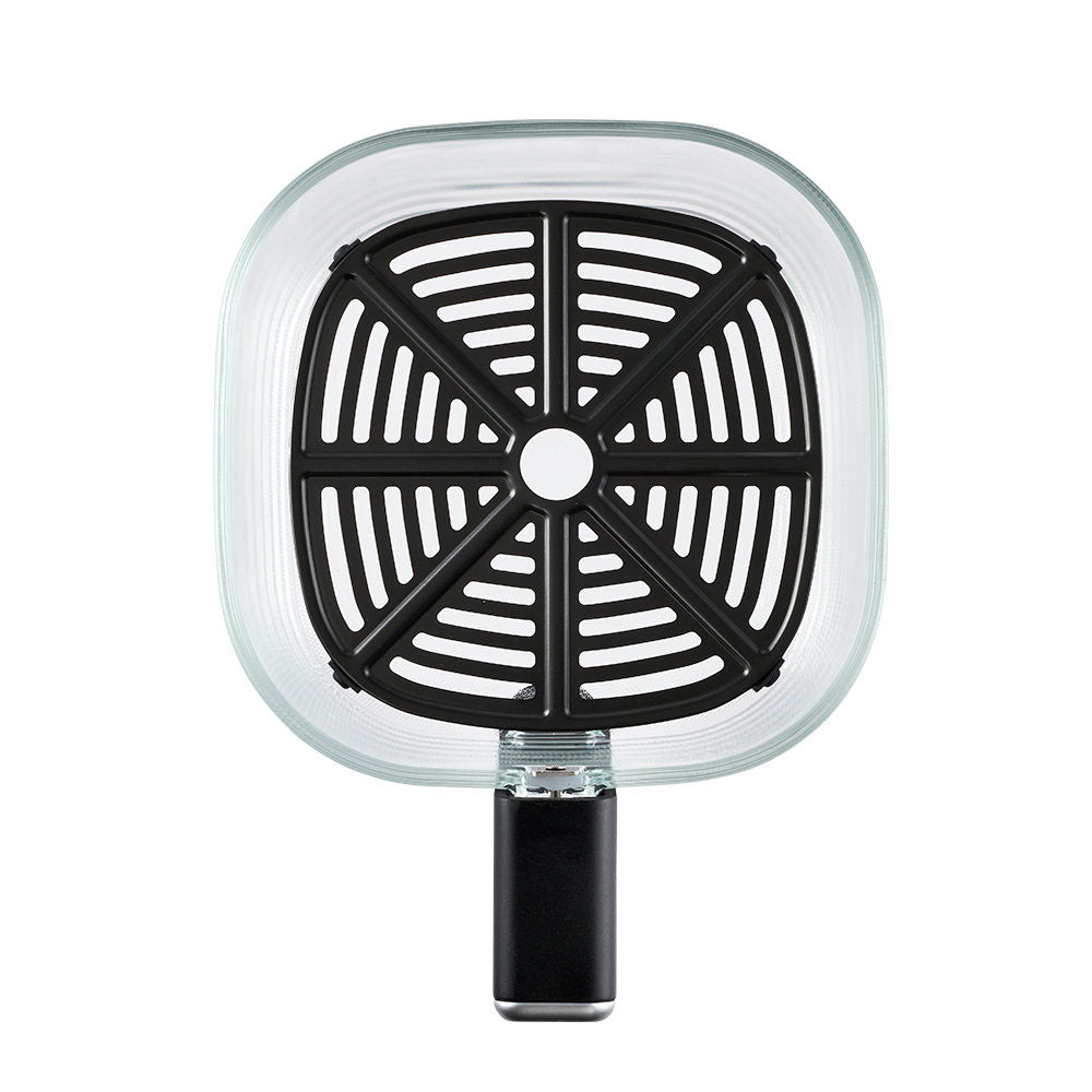 Black air fryer crisper plate on a white background