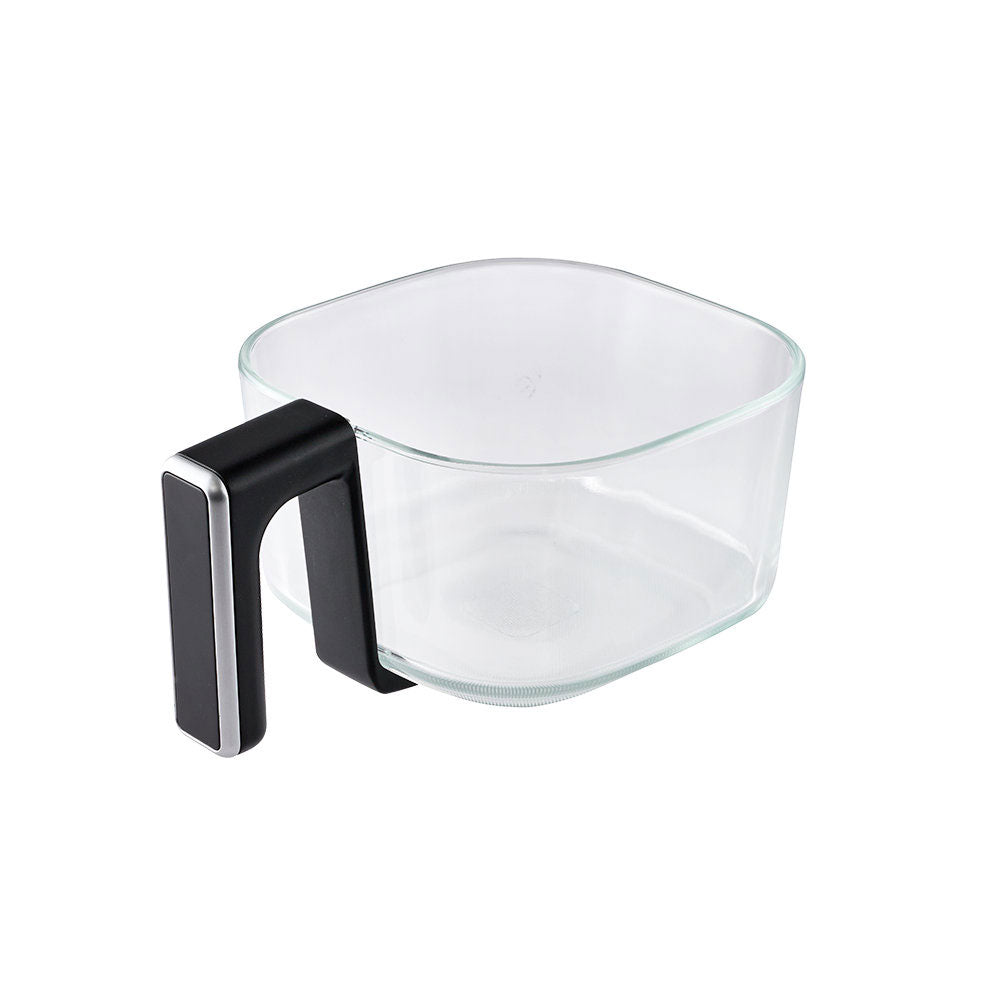 Clear air fryer basket with black handle on a white background
