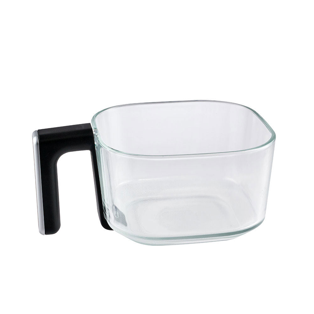 Clear air fryer basket side view on a white background