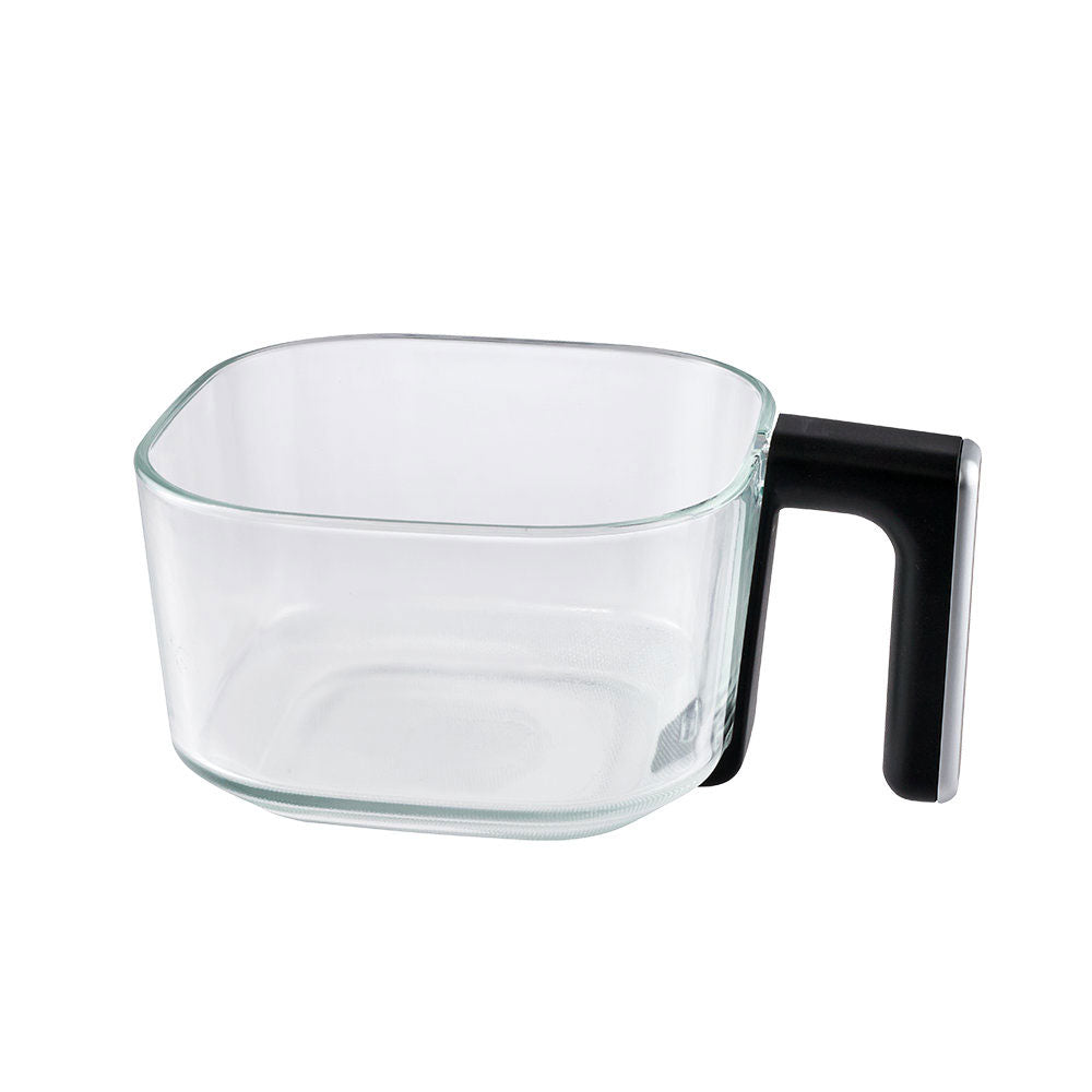 Clear air fryer basket angled view on a white background