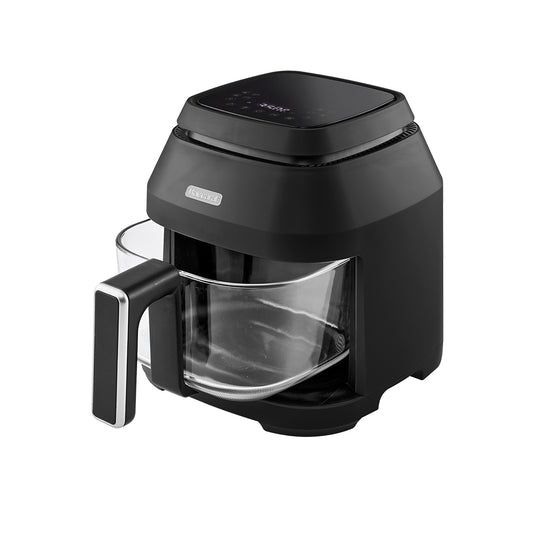 A black countertop air fryer with a clear glass food tray and a black handle, shown on a solid white background.