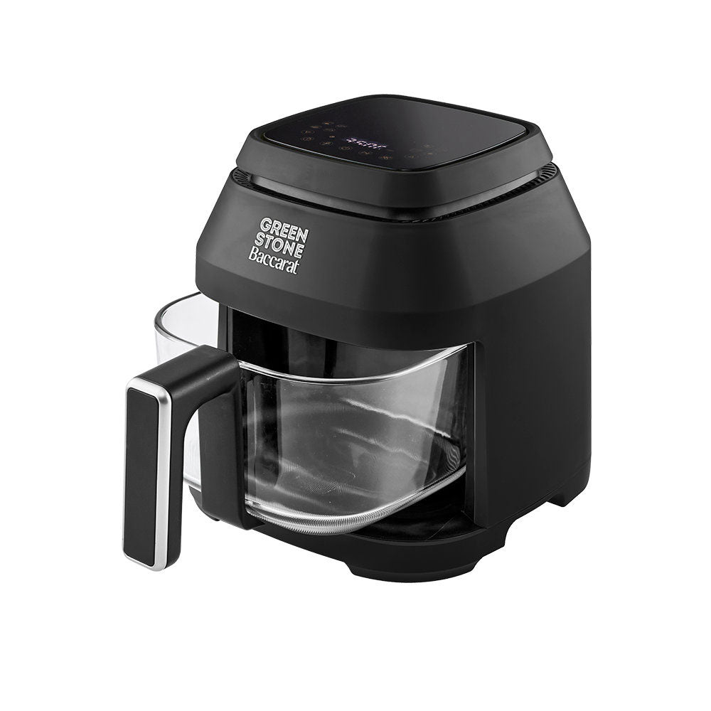 A black countertop air fryer with a clear glass food tray and a black handle, shown on a solid white background.