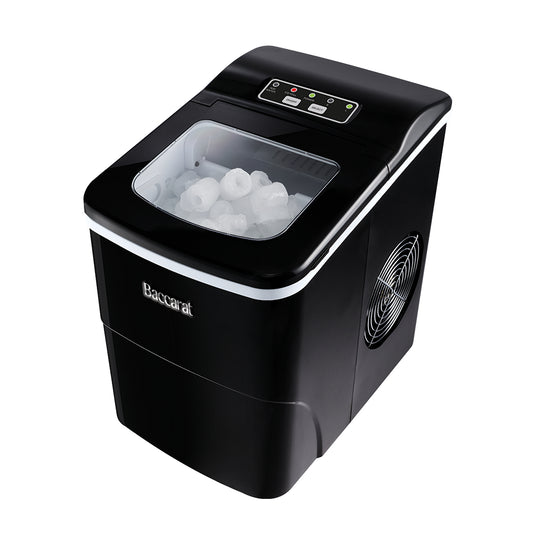 A black Baccarat mini ice maker machine with a transparent lid showing ice cubes inside, set against a plain white background.