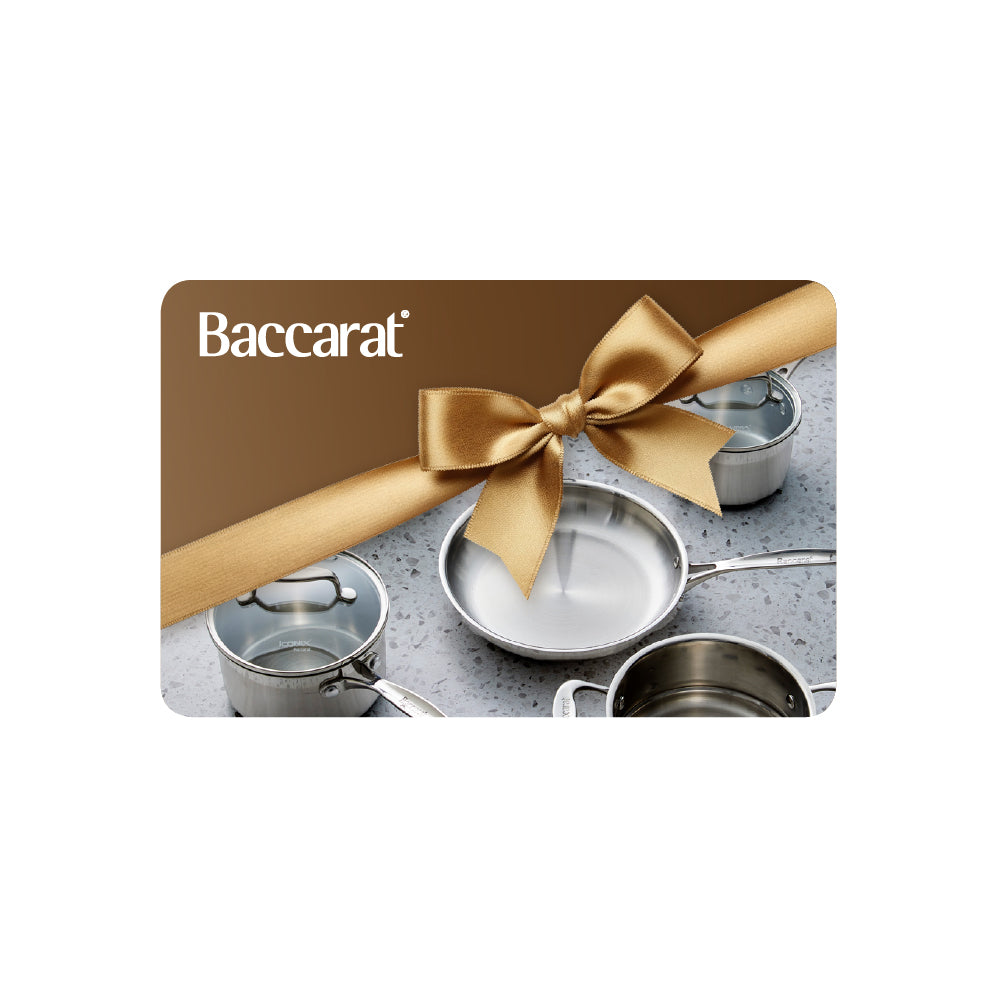 Baccarat gift card with a gold bow and kitchenware on a white background