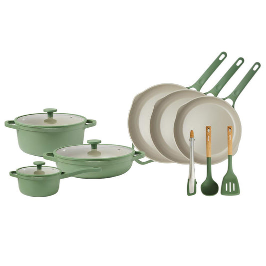 NOOK by Baccarat 9 Piece Cookware Set Sage on a white background.