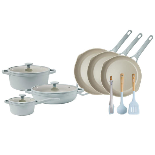 NOOK by Baccarat 9 Piece Cookware Set Sky on a white background.
